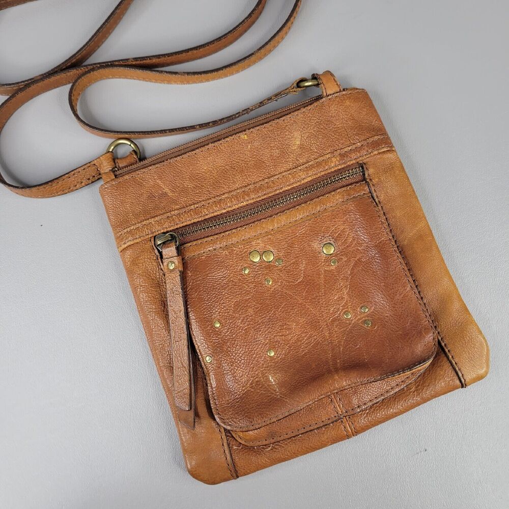 Fossil Womens Stud Crossbody Bag Embossed Logo Top Zipper Closure Leather Brown